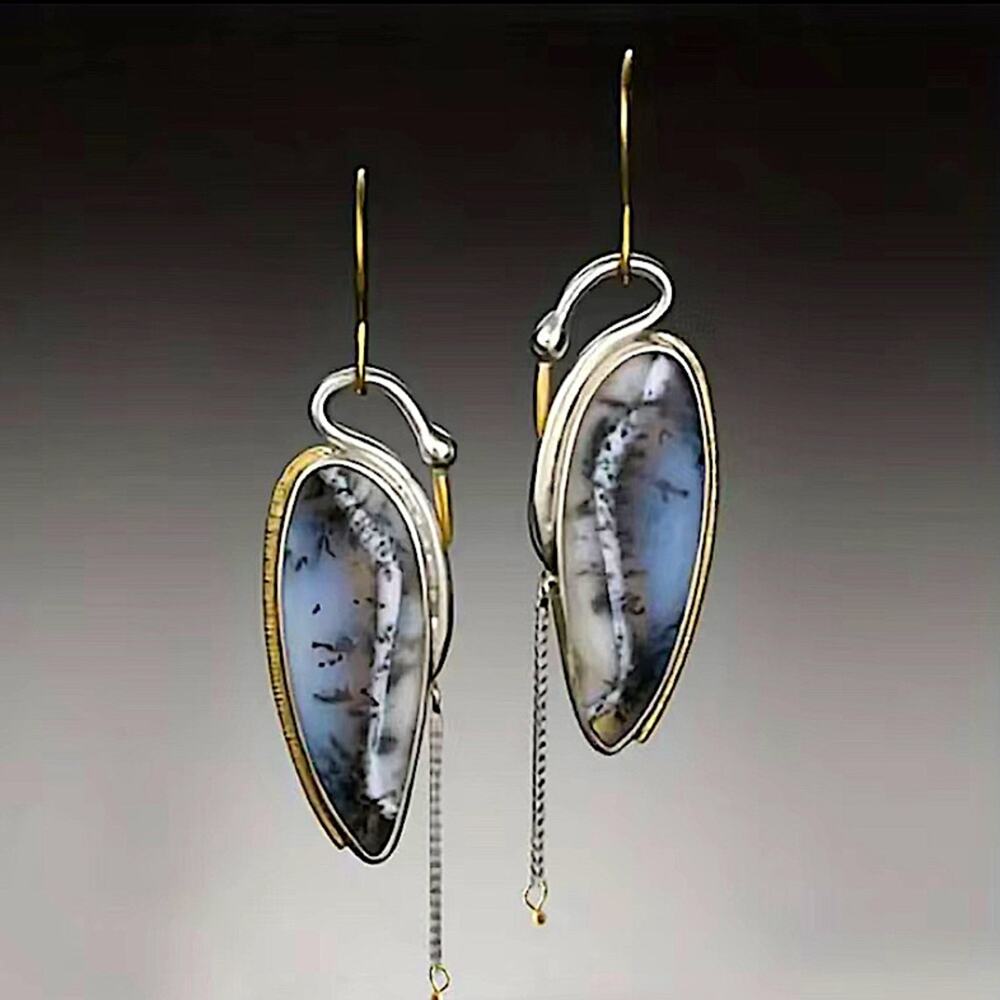 Vintage Swan Chalcedony Boho Marbled 925 Ancient Silver Dangle Earrings - Picture 3 of 4